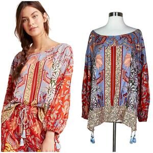Anthropologie | Sonrisa Paisley Floral Red Blue Tassel Balloon Sleeve Blouse Top